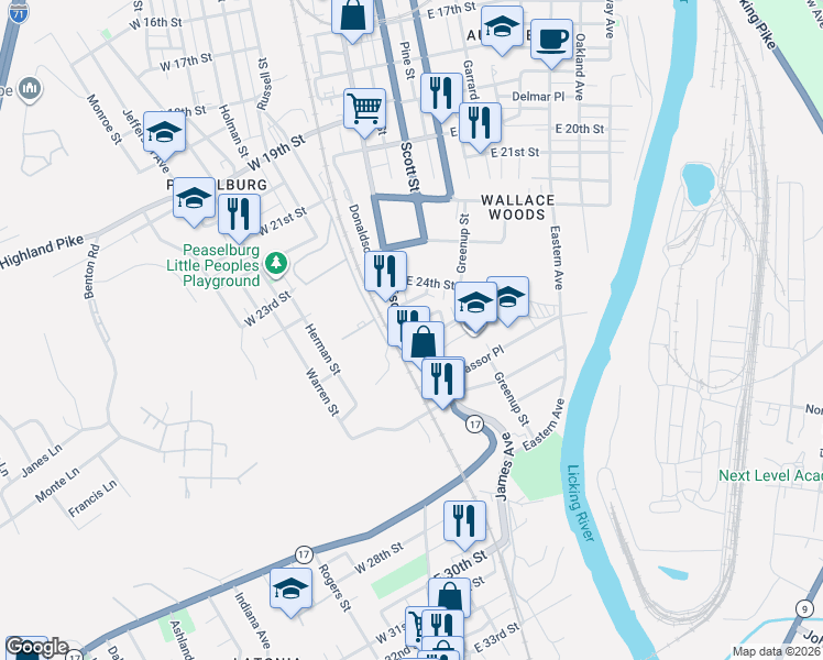 map of restaurants, bars, coffee shops, grocery stores, and more near 7 Holmesdale Court in Covington