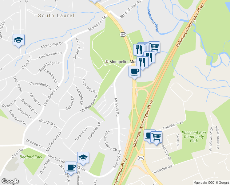 map of restaurants, bars, coffee shops, grocery stores, and more near 9556 Muirkirk Road in Laurel