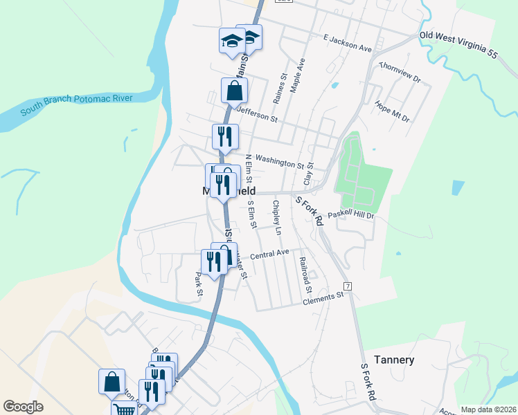 map of restaurants, bars, coffee shops, grocery stores, and more near 213 Winchester Avenue in Moorefield