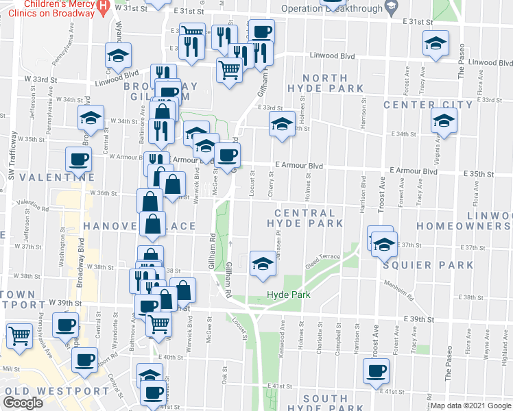 map of restaurants, bars, coffee shops, grocery stores, and more near 501 East 36th Street in Kansas City