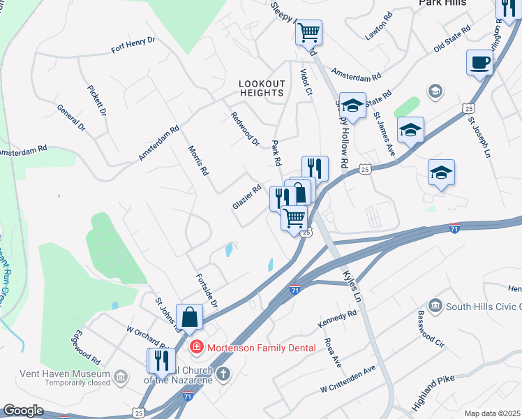 map of restaurants, bars, coffee shops, grocery stores, and more near 32 Park Road in Fort Wright
