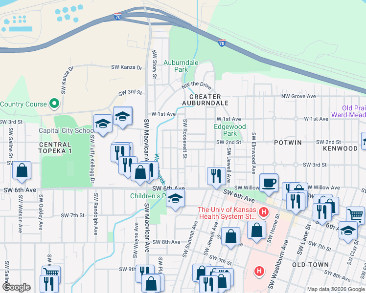map of restaurants, bars, coffee shops, grocery stores, and more near 2300 Southwest Duane Street in Topeka