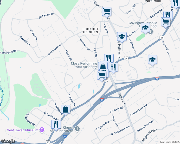map of restaurants, bars, coffee shops, grocery stores, and more near 32 Park Road in Fort Wright