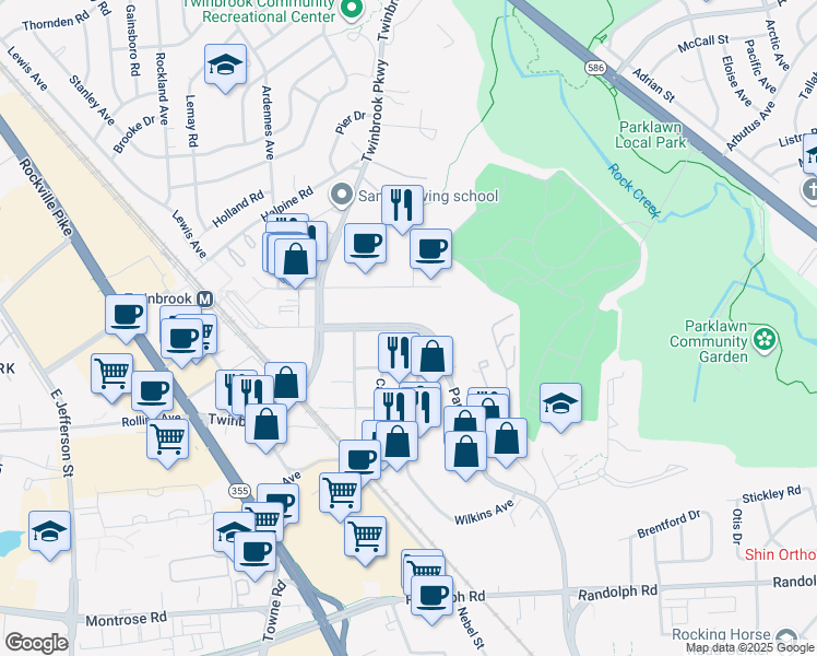 map of restaurants, bars, coffee shops, grocery stores, and more near 12420 Parklawn Drive in Rockville