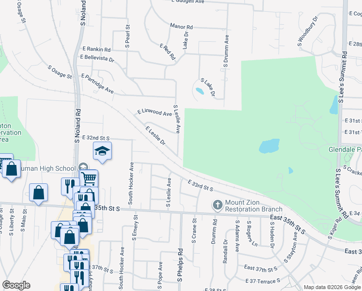 map of restaurants, bars, coffee shops, grocery stores, and more near 2313 South Leslie Avenue in Independence