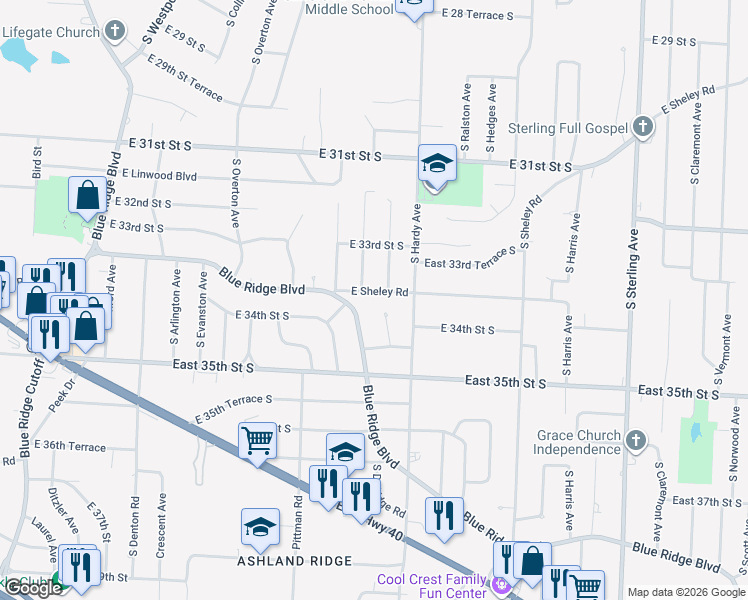 map of restaurants, bars, coffee shops, grocery stores, and more near 10315 E Sheley Rd in Independence