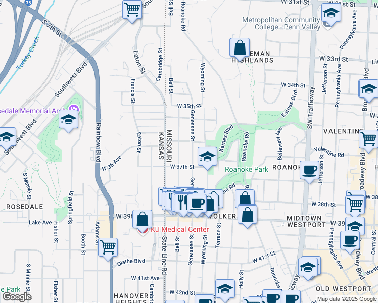 map of restaurants, bars, coffee shops, grocery stores, and more near 3616 Genessee Street in Kansas City