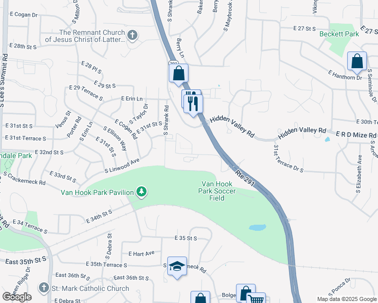 map of restaurants, bars, coffee shops, grocery stores, and more near 11240 Jennings Road in Independence
