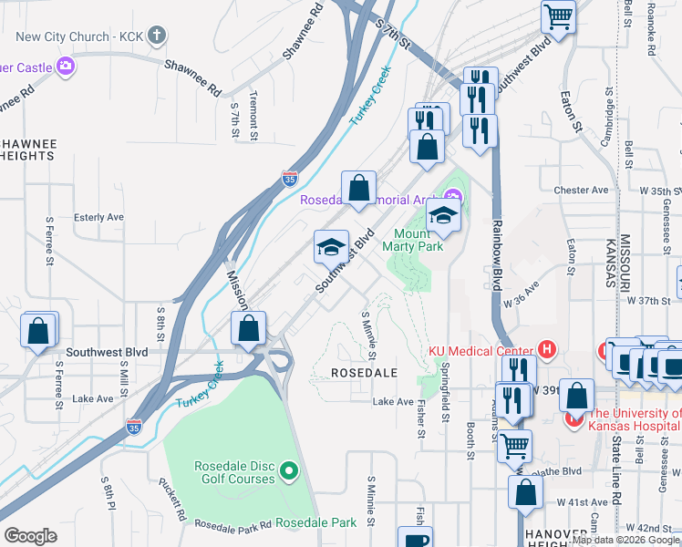 map of restaurants, bars, coffee shops, grocery stores, and more near 1007 Southwest Boulevard in Kansas City