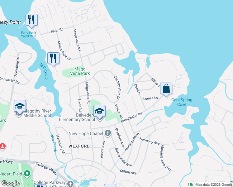 map of restaurants, bars, coffee shops, grocery stores, and more near 426 Glen View Court in Arnold