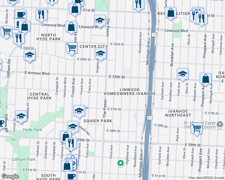 map of restaurants, bars, coffee shops, grocery stores, and more near 3538 Flora Avenue in Kansas City
