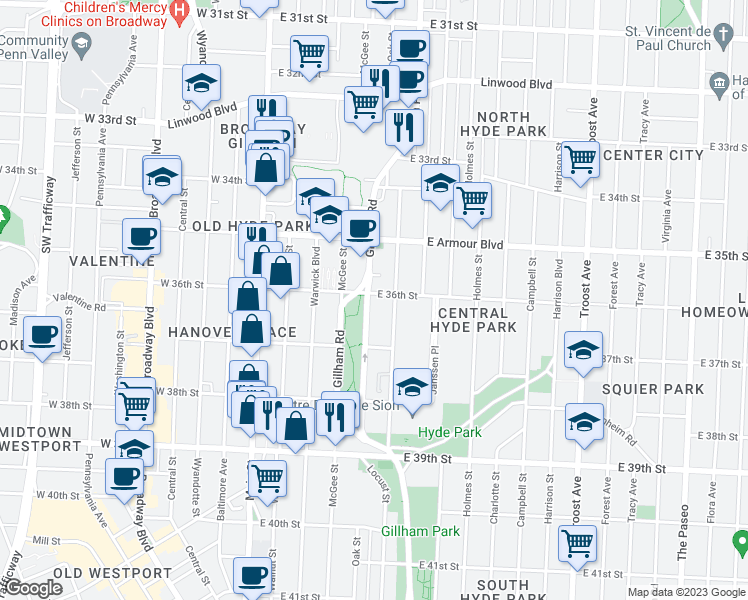 map of restaurants, bars, coffee shops, grocery stores, and more near 401 East 36th Street in Kansas City