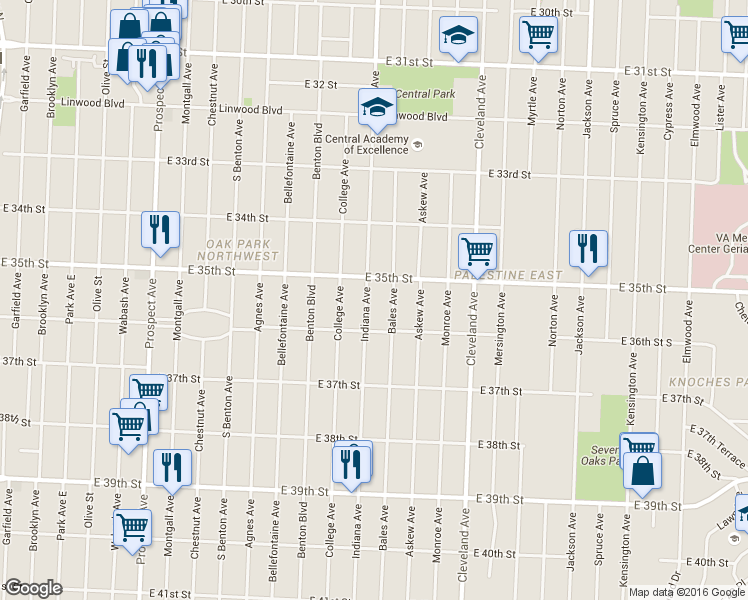 map of restaurants, bars, coffee shops, grocery stores, and more near 3519 Indiana Avenue in Kansas City