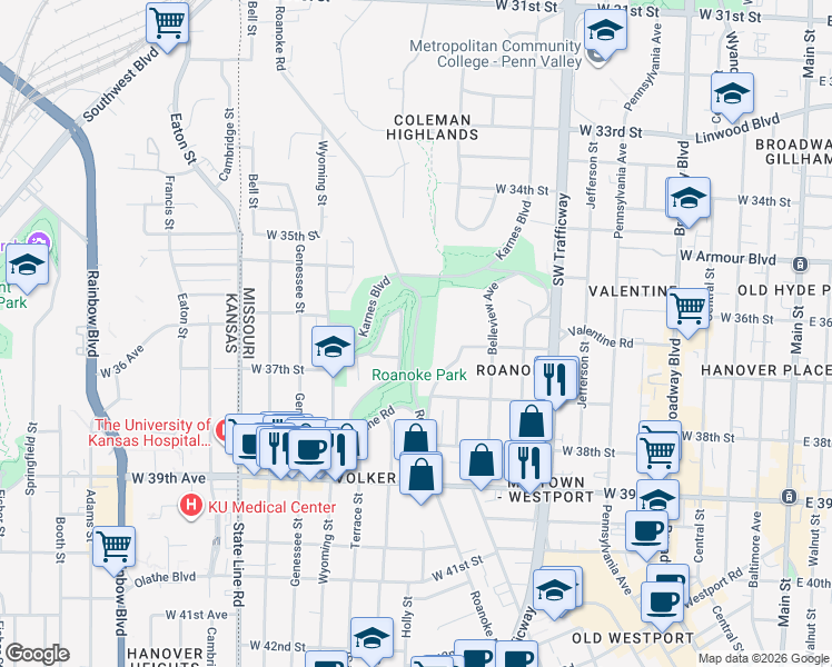 map of restaurants, bars, coffee shops, grocery stores, and more near 3622 East Roanoke Drive in Kansas City