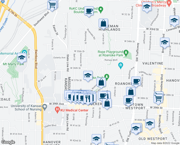 map of restaurants, bars, coffee shops, grocery stores, and more near 3615 Wyoming Street in Kansas City