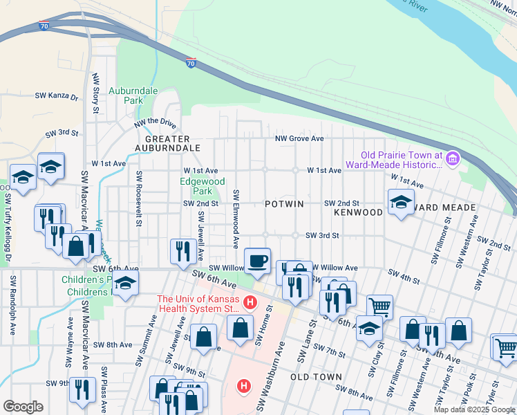 map of restaurants, bars, coffee shops, grocery stores, and more near 311 Southwest Woodlawn Avenue in Topeka