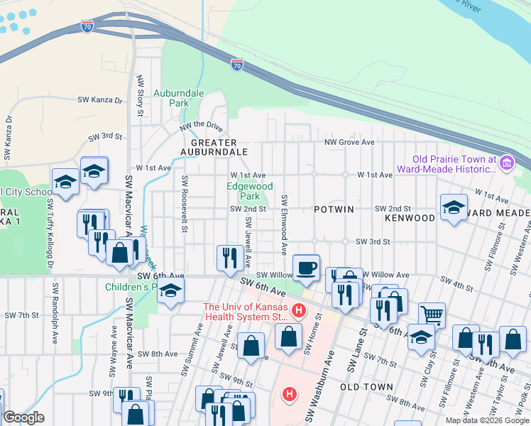 map of restaurants, bars, coffee shops, grocery stores, and more near 1837 Southwest 2nd Street in Topeka