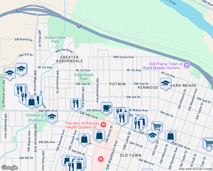 map of restaurants, bars, coffee shops, grocery stores, and more near 311 Southwest Woodlawn Avenue in Topeka
