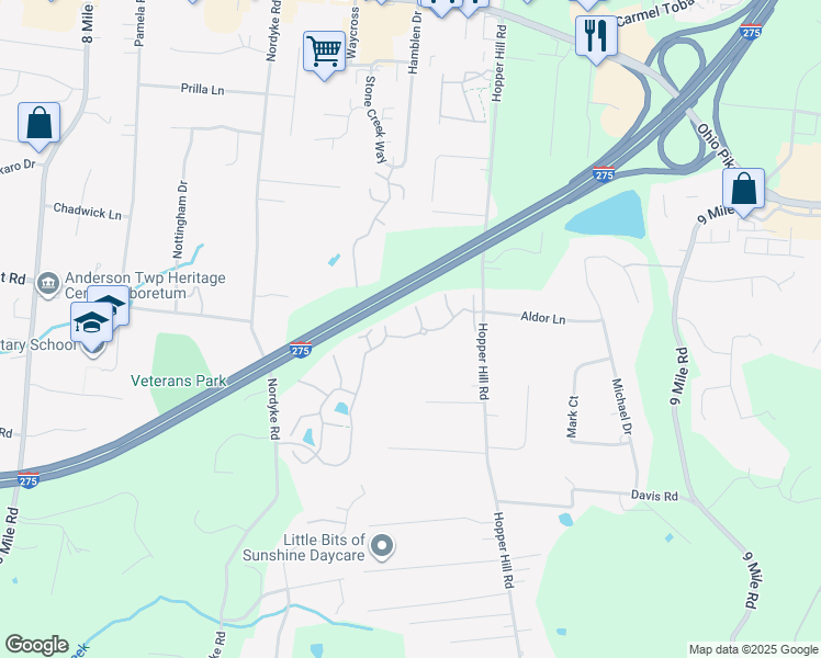 map of restaurants, bars, coffee shops, grocery stores, and more near 3920 Vineyard Green Drive in Cincinnati