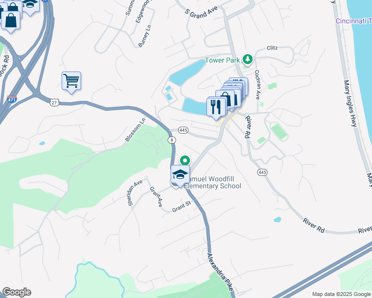 map of restaurants, bars, coffee shops, grocery stores, and more near 30 Warren Court in Fort Thomas