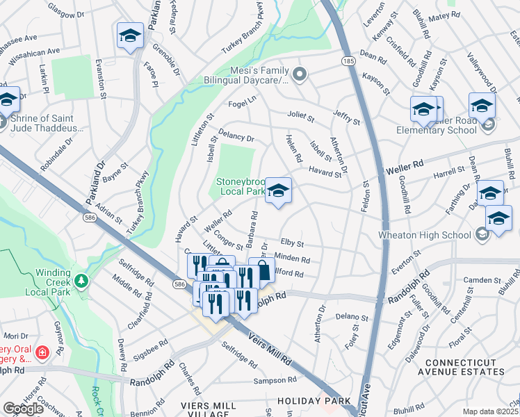 map of restaurants, bars, coffee shops, grocery stores, and more near 12515 Barbara Road in Silver Spring