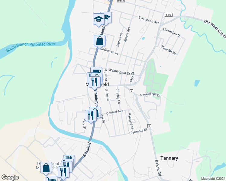 map of restaurants, bars, coffee shops, grocery stores, and more near 213 Winchester Avenue in Moorefield