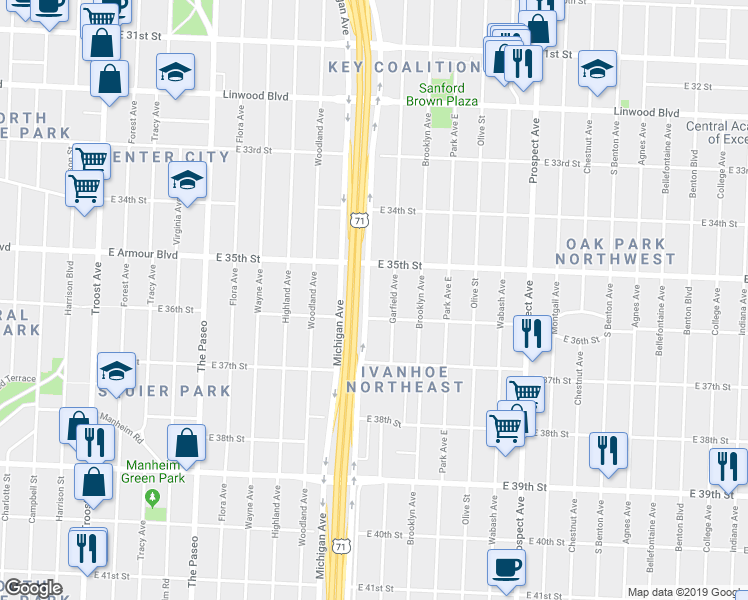 map of restaurants, bars, coffee shops, grocery stores, and more near 3537 Euclid Avenue in Kansas City