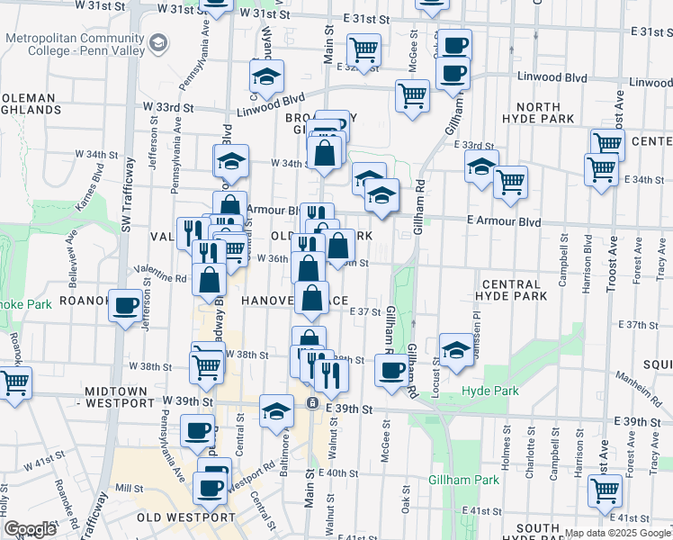 map of restaurants, bars, coffee shops, grocery stores, and more near 3600 Walnut Street in Kansas City