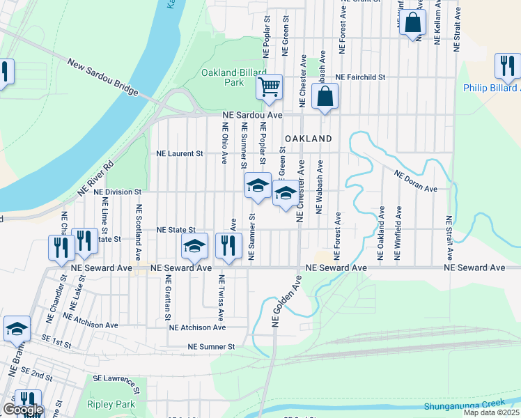 map of restaurants, bars, coffee shops, grocery stores, and more near 500 Northeast Sumner Street in Topeka