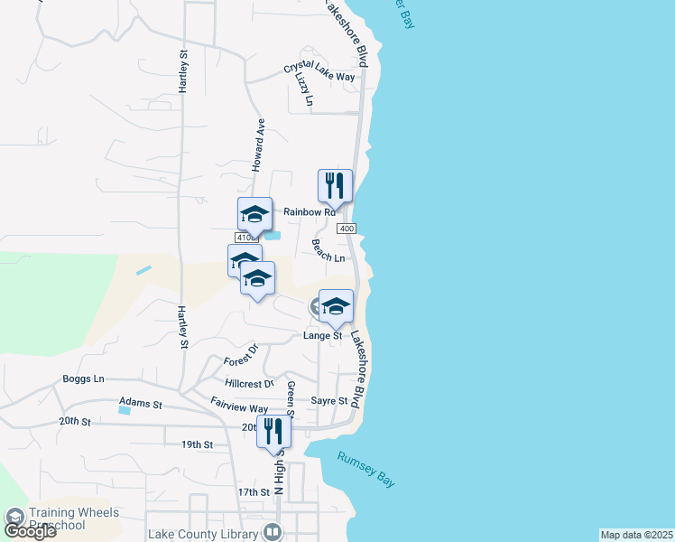 map of restaurants, bars, coffee shops, grocery stores, and more near 2408 Beach Lane in Lakeport