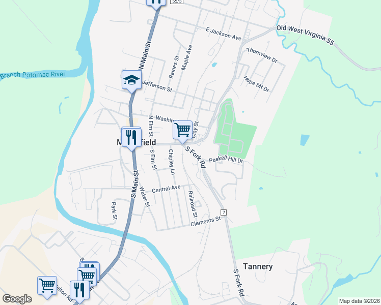 map of restaurants, bars, coffee shops, grocery stores, and more near 109 South Fork Road in Moorefield