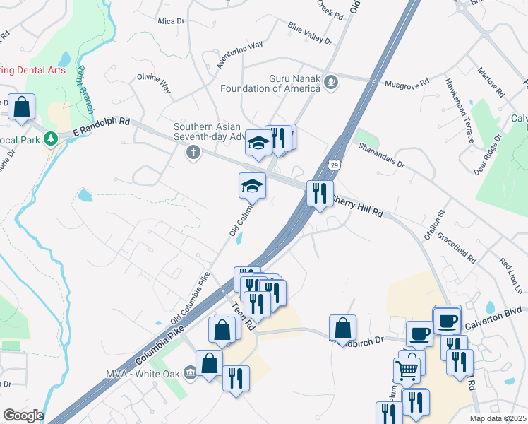 map of restaurants, bars, coffee shops, grocery stores, and more near 12501 Old Columbia Pike in Silver Spring