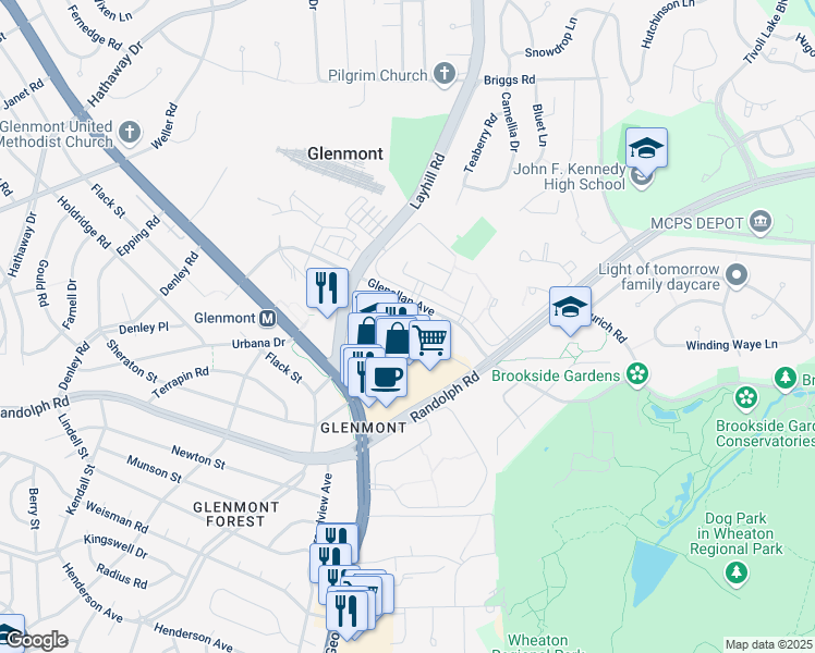 map of restaurants, bars, coffee shops, grocery stores, and more near 2310 Greenery Lane in Silver Spring