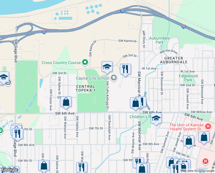 map of restaurants, bars, coffee shops, grocery stores, and more near Center Building Drive in Topeka