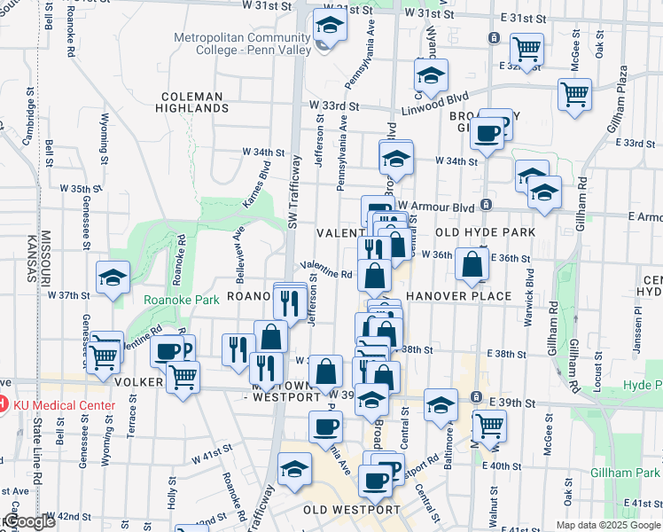 map of restaurants, bars, coffee shops, grocery stores, and more near 604 Valentine Road in Kansas City