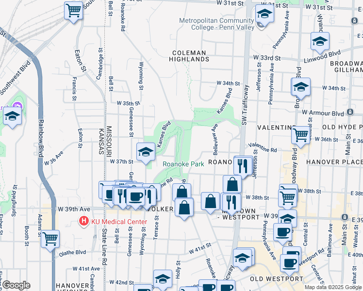 map of restaurants, bars, coffee shops, grocery stores, and more near Roanoke Road in Kansas City
