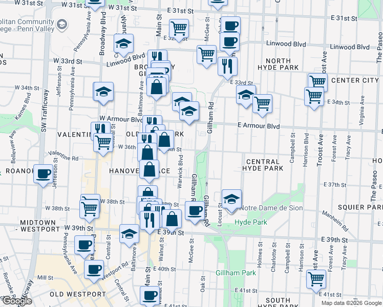 map of restaurants, bars, coffee shops, grocery stores, and more near 3606 Gillham Road in Kansas City