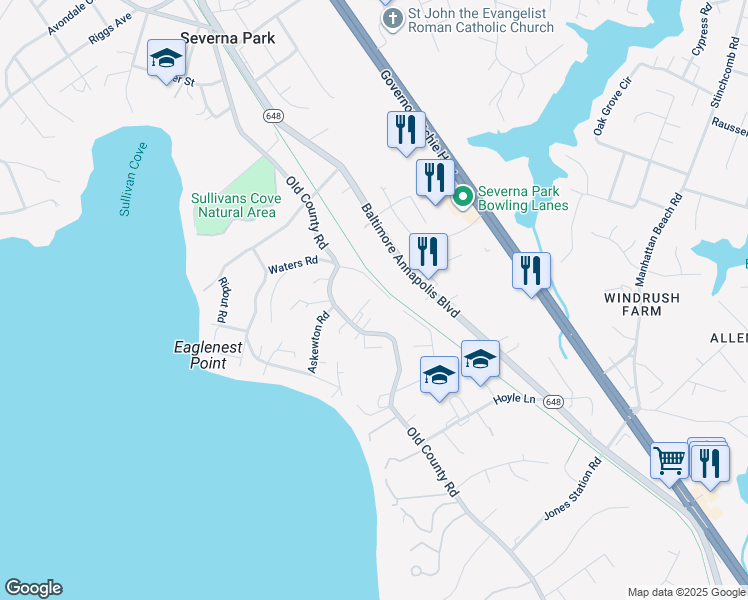 map of restaurants, bars, coffee shops, grocery stores, and more near 609 Old County Road in Severna Park