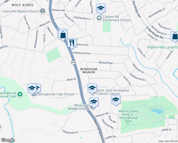 map of restaurants, bars, coffee shops, grocery stores, and more near 701 Venice Drive in Silver Spring