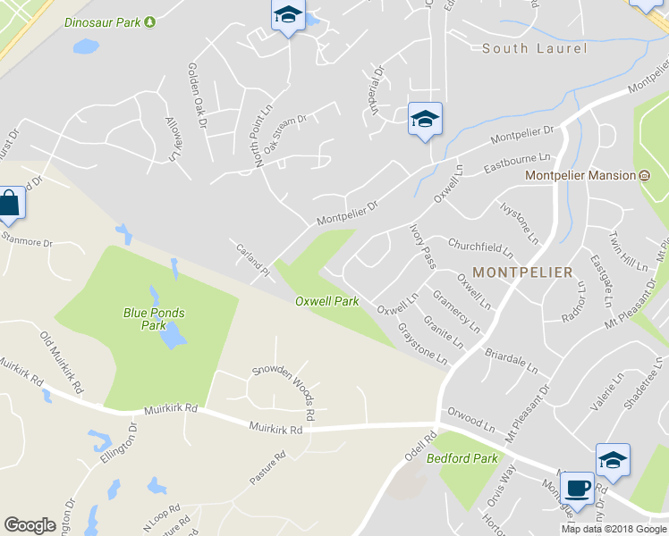 map of restaurants, bars, coffee shops, grocery stores, and more near 12501 Raven Way in Laurel
