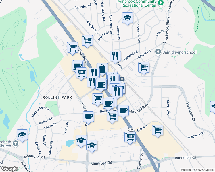 map of restaurants, bars, coffee shops, grocery stores, and more near 1700 Rockville Pike in Rockville