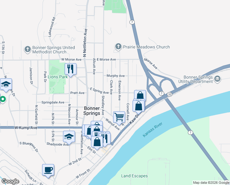 map of restaurants, bars, coffee shops, grocery stores, and more near East Spring Avenue in Bonner Springs