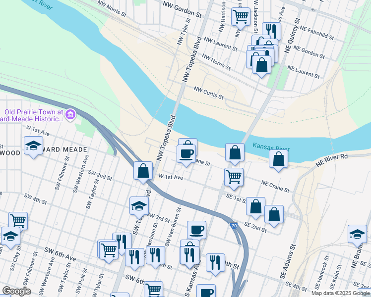 map of restaurants, bars, coffee shops, grocery stores, and more near 322 Northwest Crane Street in Topeka