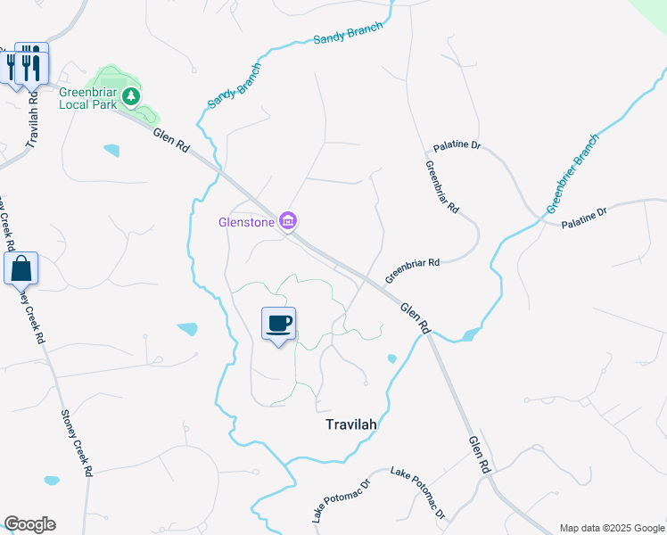 map of restaurants, bars, coffee shops, grocery stores, and more near 12002 Glen Road in Potomac