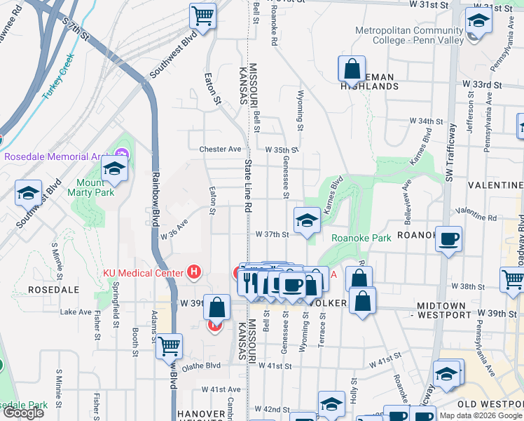 map of restaurants, bars, coffee shops, grocery stores, and more near 3616 Bell Street in Kansas City