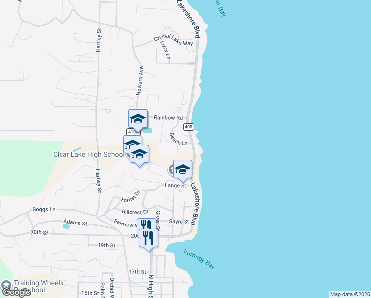 map of restaurants, bars, coffee shops, grocery stores, and more near 2408 Beach Lane in Lakeport