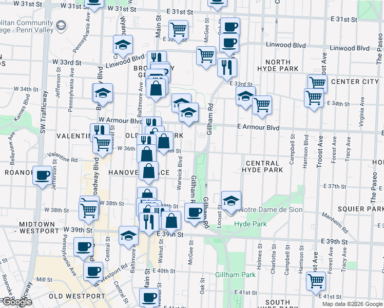 map of restaurants, bars, coffee shops, grocery stores, and more near 3606 Gillham Road in Kansas City
