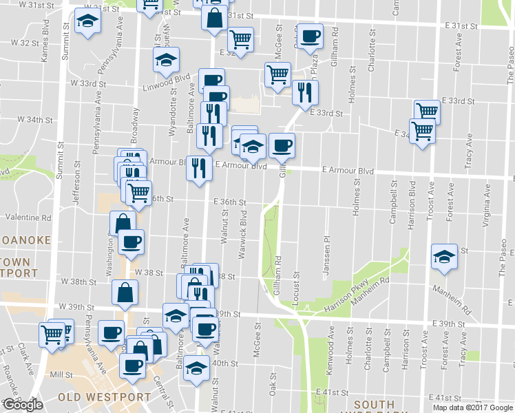 map of restaurants, bars, coffee shops, grocery stores, and more near 3606 Gillham Road in Kansas City