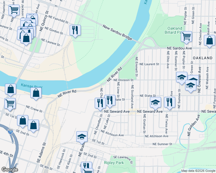 map of restaurants, bars, coffee shops, grocery stores, and more near 534 NE Chandler St in Topeka