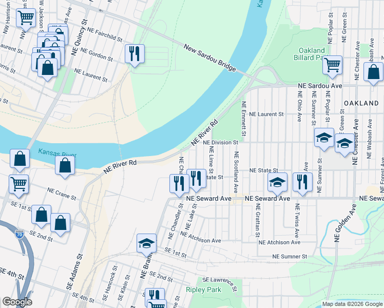 map of restaurants, bars, coffee shops, grocery stores, and more near 534 NE Chandler St in Topeka